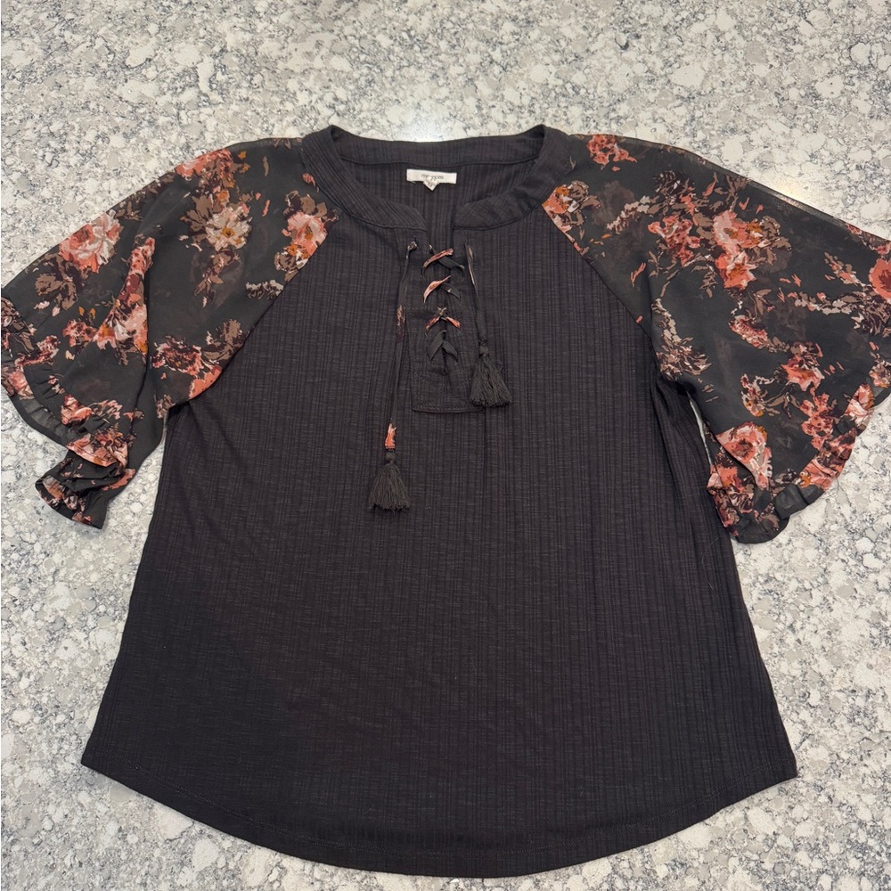 Maurices Black Flutter Sleeve Blouse with Tie Front